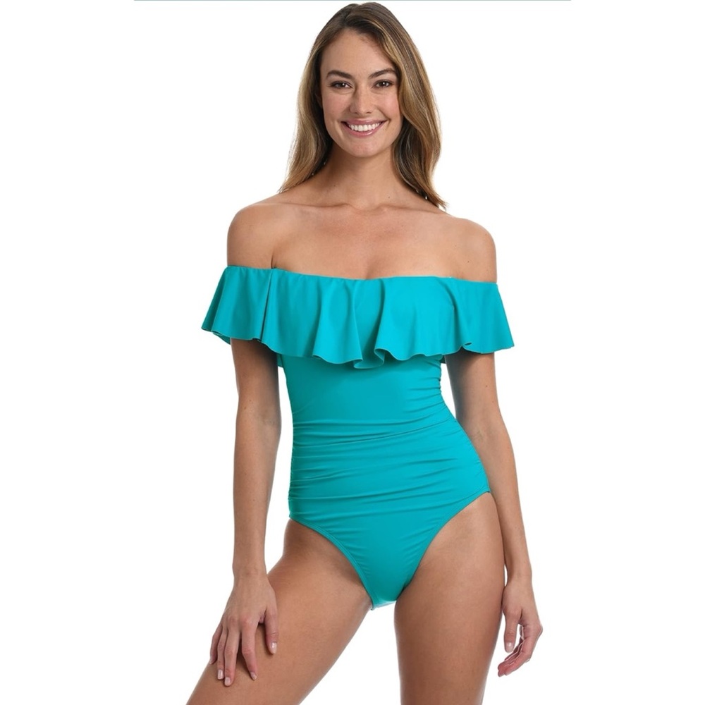 NWT La Blanca Goddess teal blue ruffles 1 piece swimsuit Size 8 off shoulder